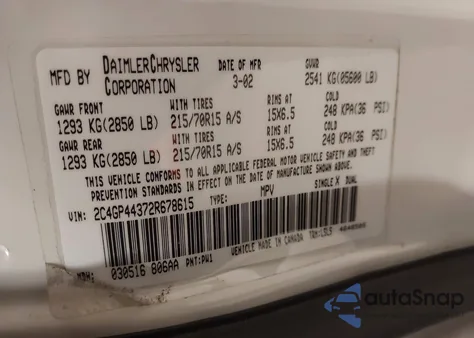 2002 Chrysler Town & Country Lx из США, поврежденный, VIN 2C4GP44372R678615